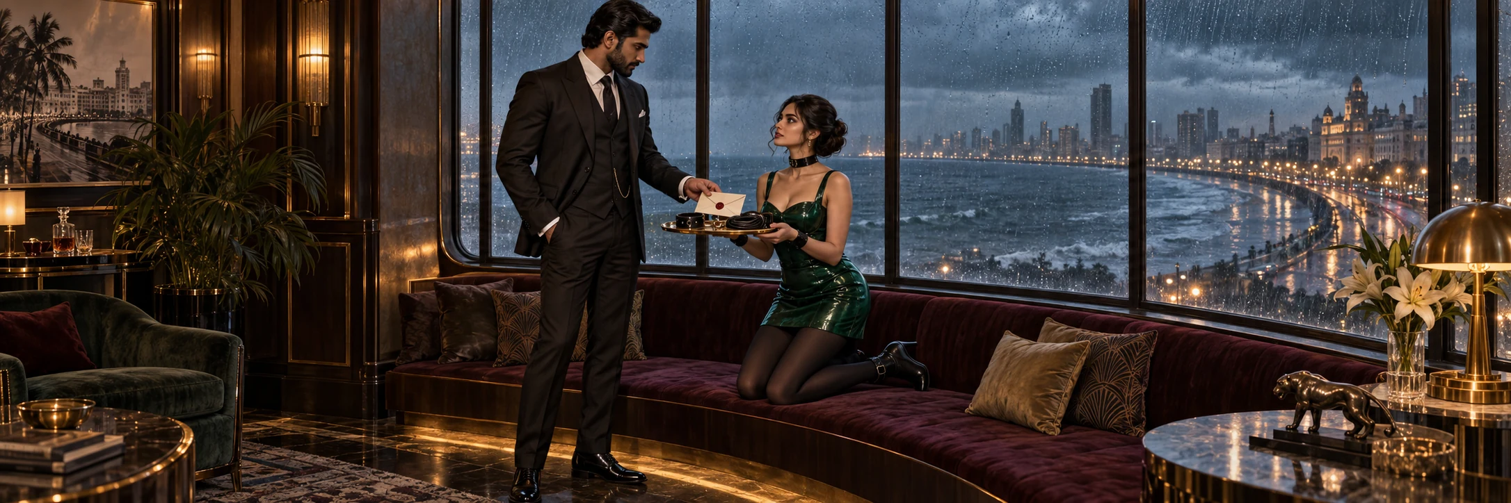 Private BDSM Dominant and Master connection in Mumbai A suited male Dominant accepts a private letter from a submissive woman in a short emerald-gloss dress on a Mumbai window bench