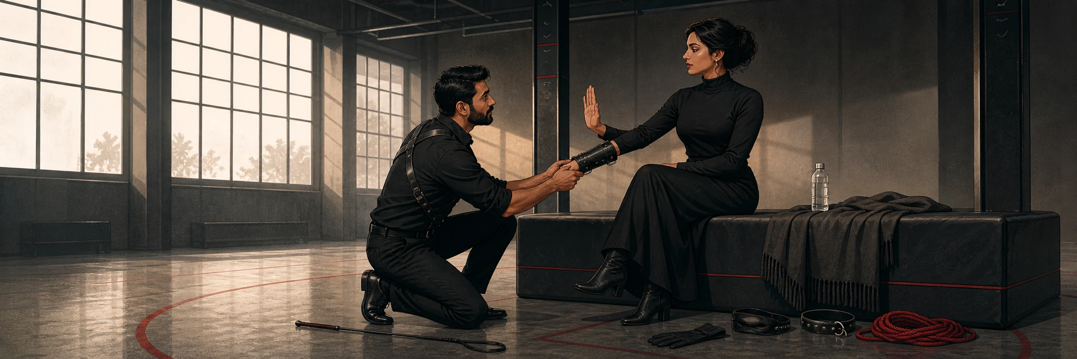 An Indian couple in an intense scene; one partner stands dominantly, pinning the other's wrists above their head with a silk tie.