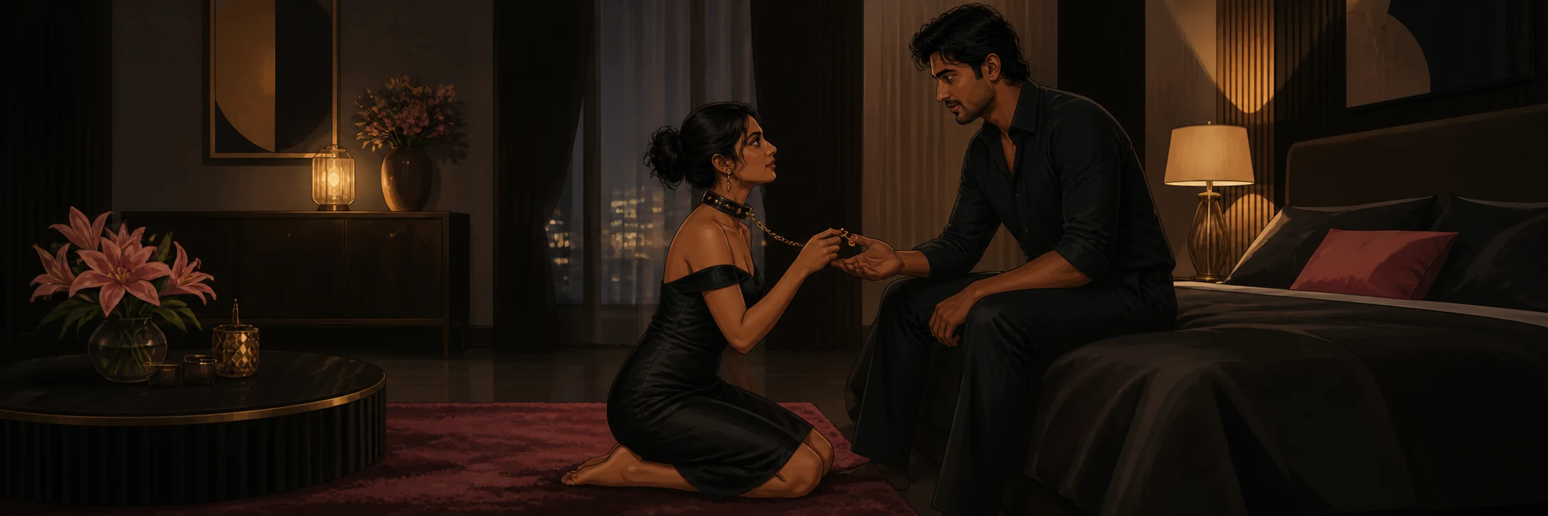 An Indian person kneeling submissively in shadows, illuminated by a single warm light, wearing a heavy collar and chained leash.