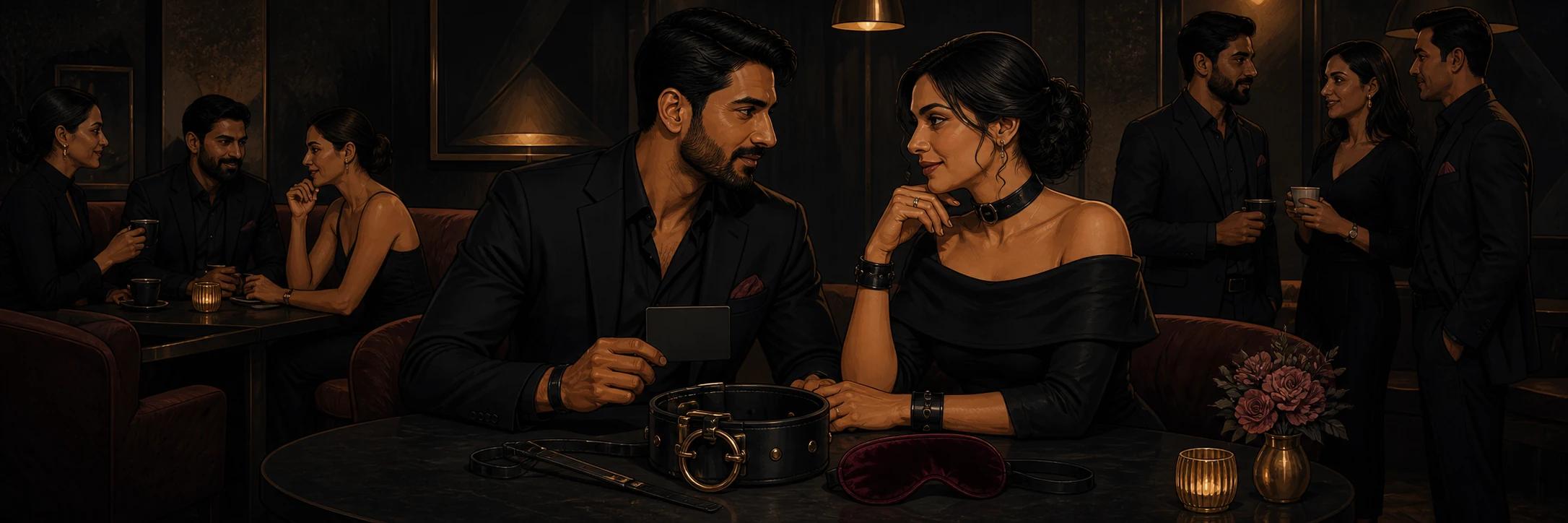A highly suggestive club scene; Indian adults interacting, with prominent leather harnesses and cuffs visible in the dim, colored lighting.