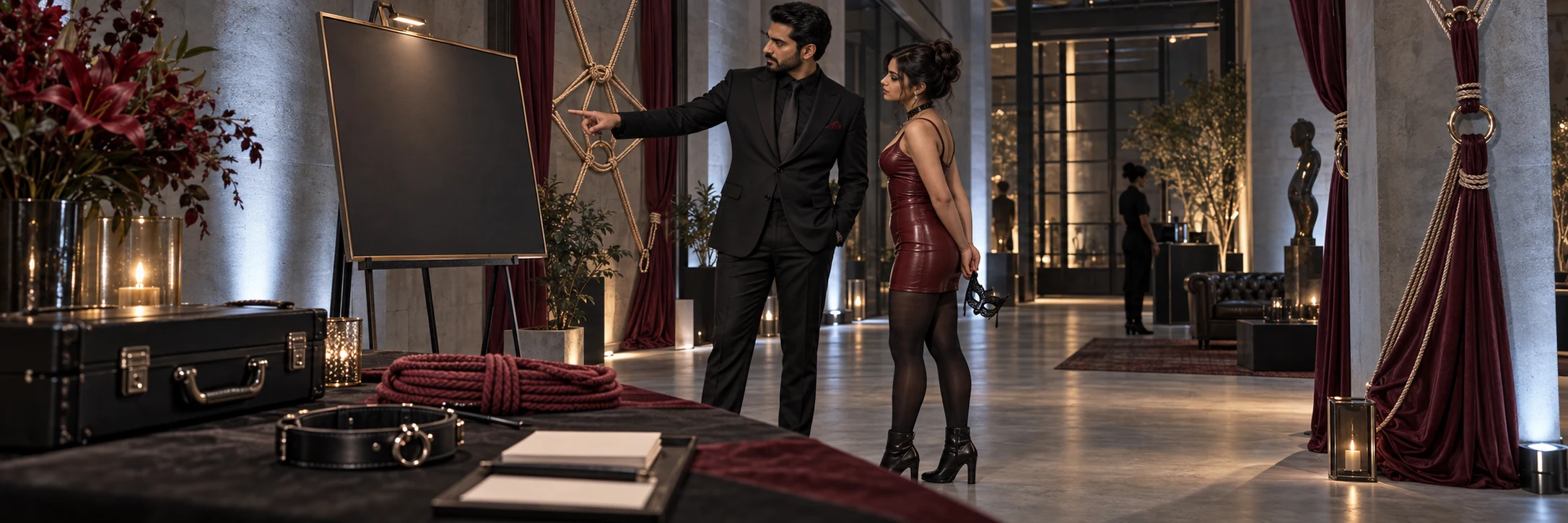 BDSM events, munches and clubs in Delhi NCR A suited Indian male Dominant quietly briefs a submissive woman in a short ruby-gloss dress before a private Delhi kink social