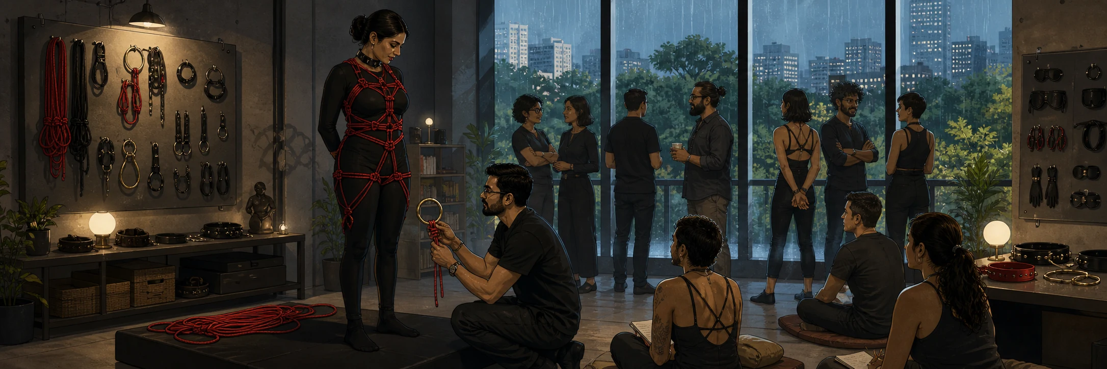 A couple in a dimly lit high-rise apartment; one is wearing a delicate collar, looking out over the city lights.