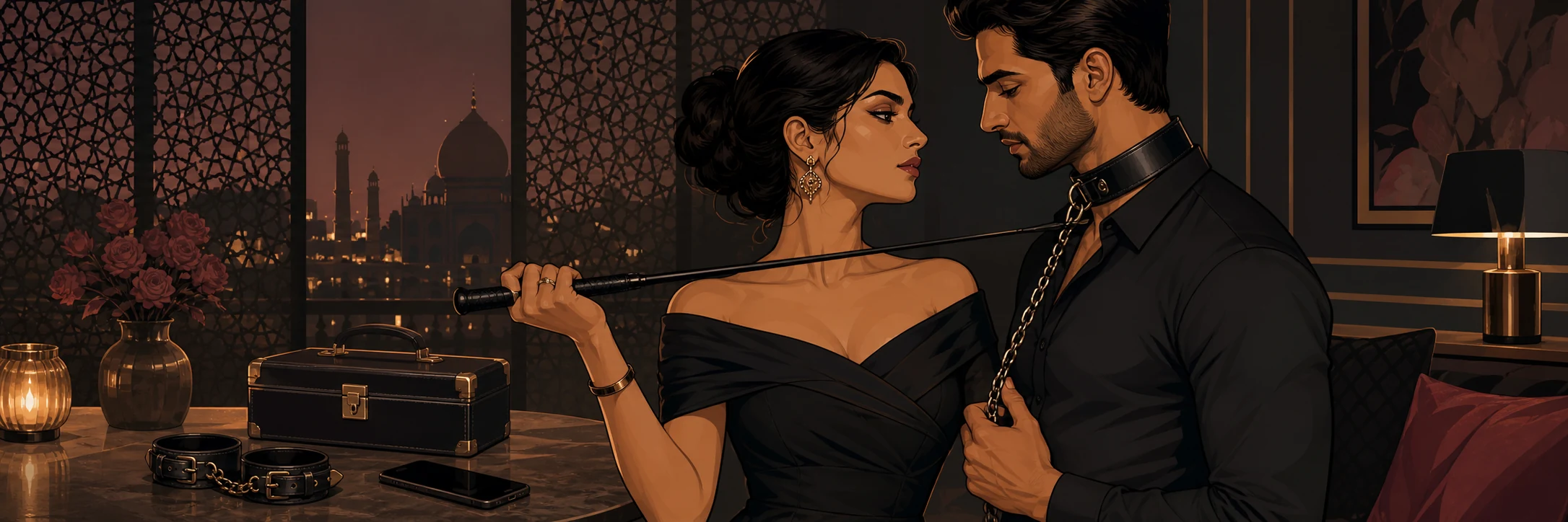 An intense power dynamic; an Indian woman in a commanding pose, lightly resting a riding crop against her partner's chest.
