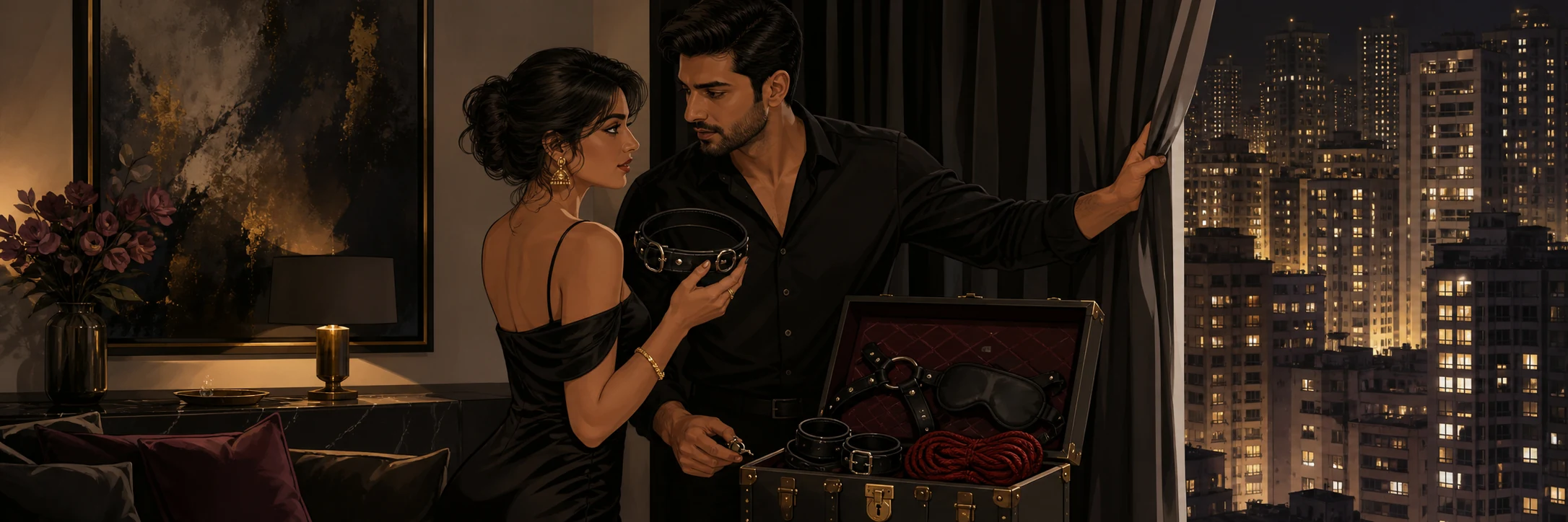 An intimate, suggestive scene; one partner wearing a blindfold and a heavy collar, waiting in anticipation on a bed.