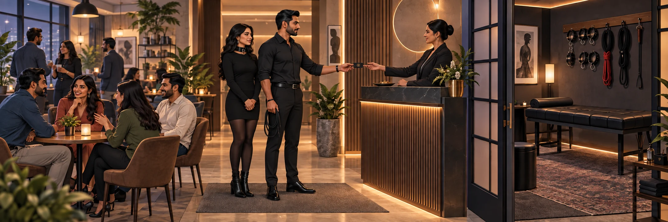 A collared couple checks into a venue between a casual munch and a private dungeon room.