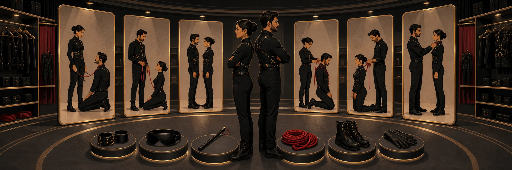 An intense visual representation of Top, Bottom, and Switch using leather props.