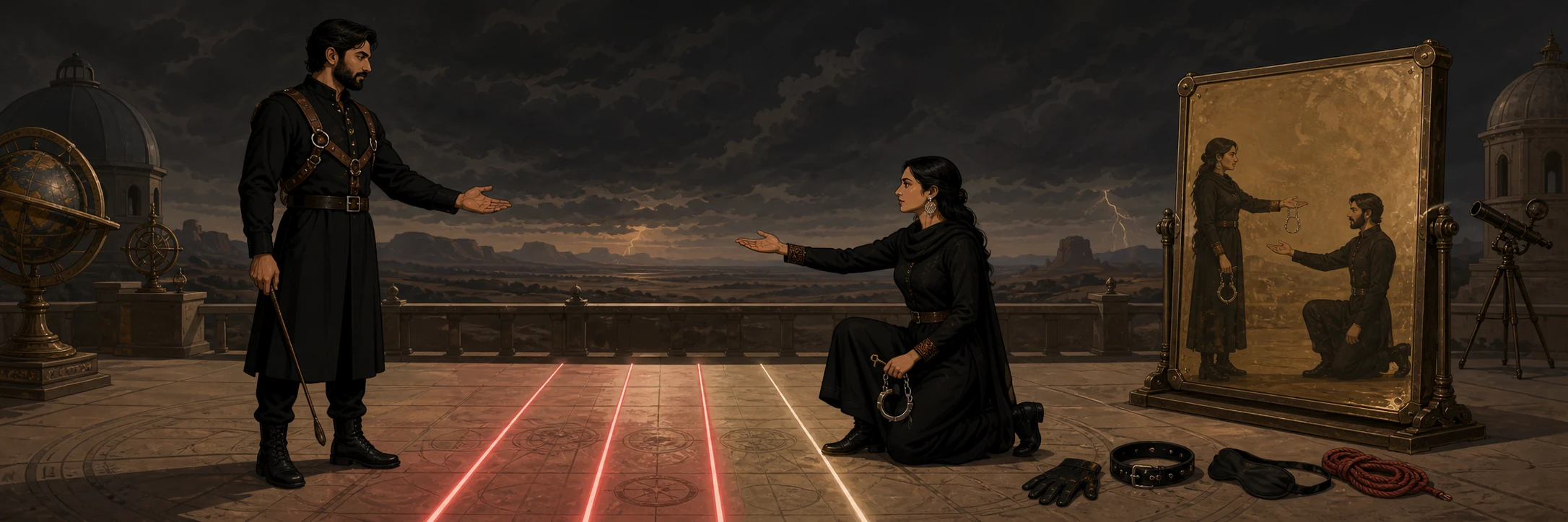 A highly suggestive scene; a leather crop laid exactly across a red line on the floor.