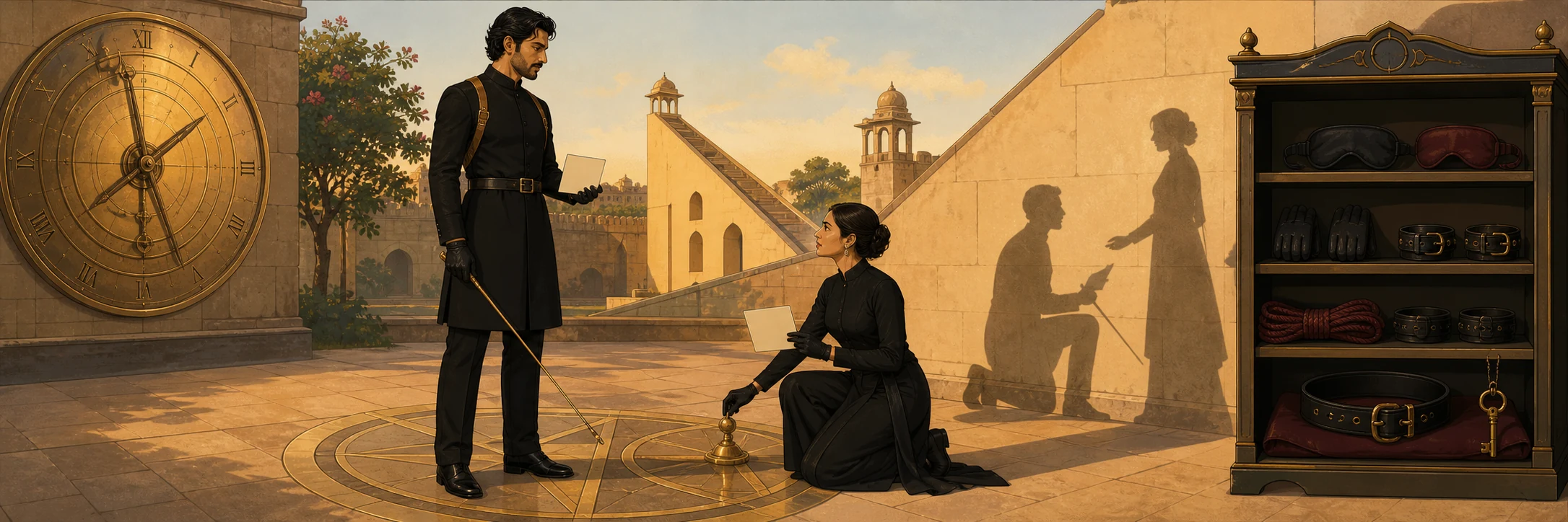 A highly suggestive scene of BDSM discipline; a person kneeling in the corner, a crop resting on their shoulder.