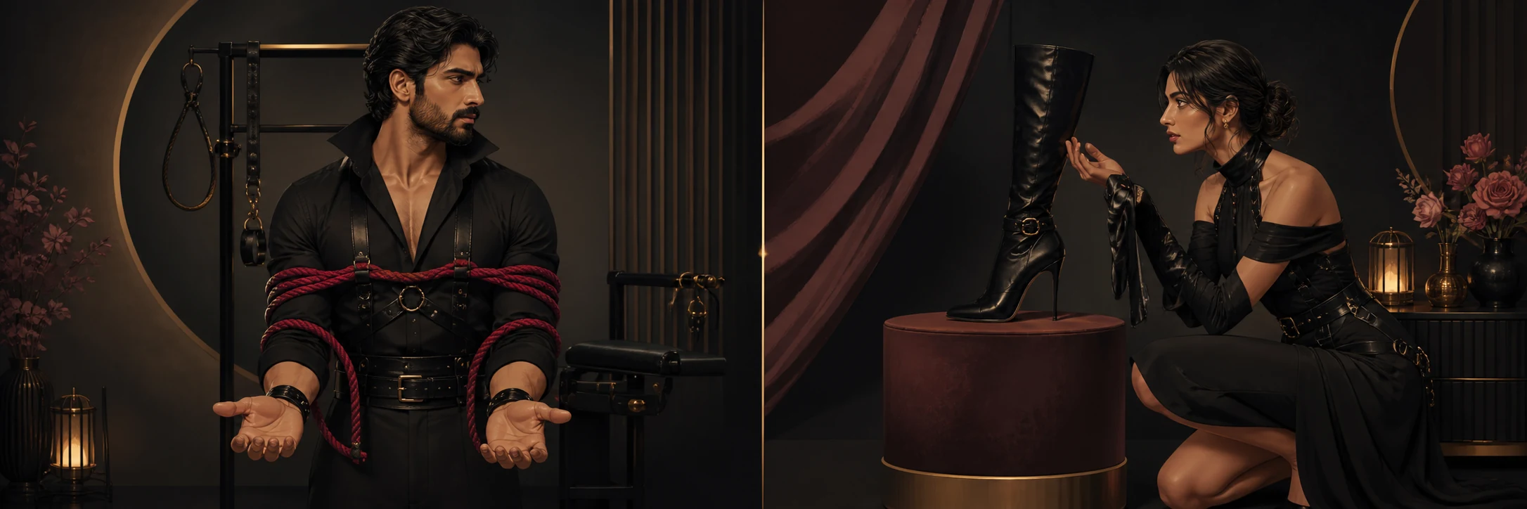 A highly suggestive split image: one hand being bound by rope (kink), the other worshiping a silk glove (fetish).