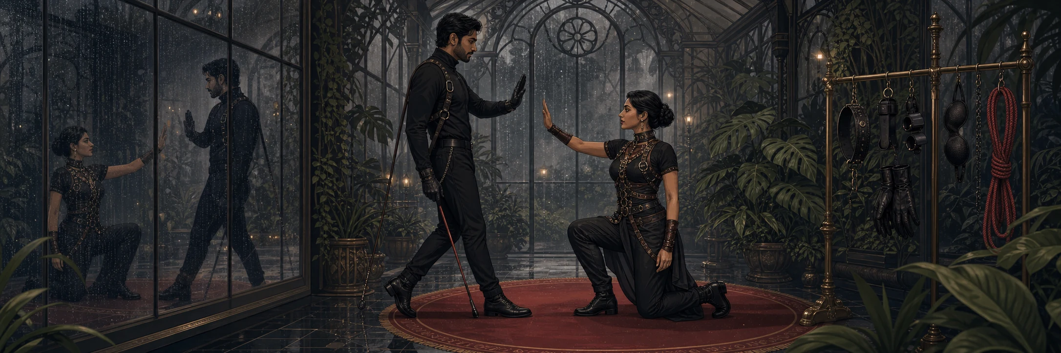 An intense scene paused; a riding crop halts mid-air as a person holds up a hand, eye contact locked.
