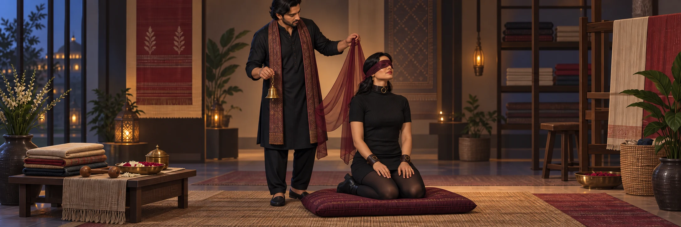 A male Dominant controls silk and a bell behind his blindfolded, collared and cuffed kneeling submissive.