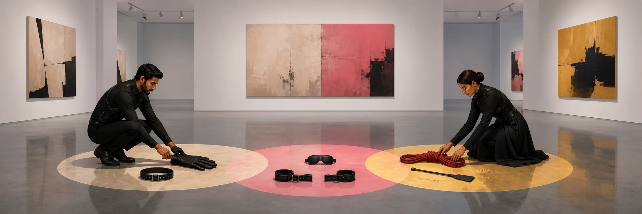 A highly suggestive scene; heavy chains and restraints laid out within three glowing circles of safety on the floor.