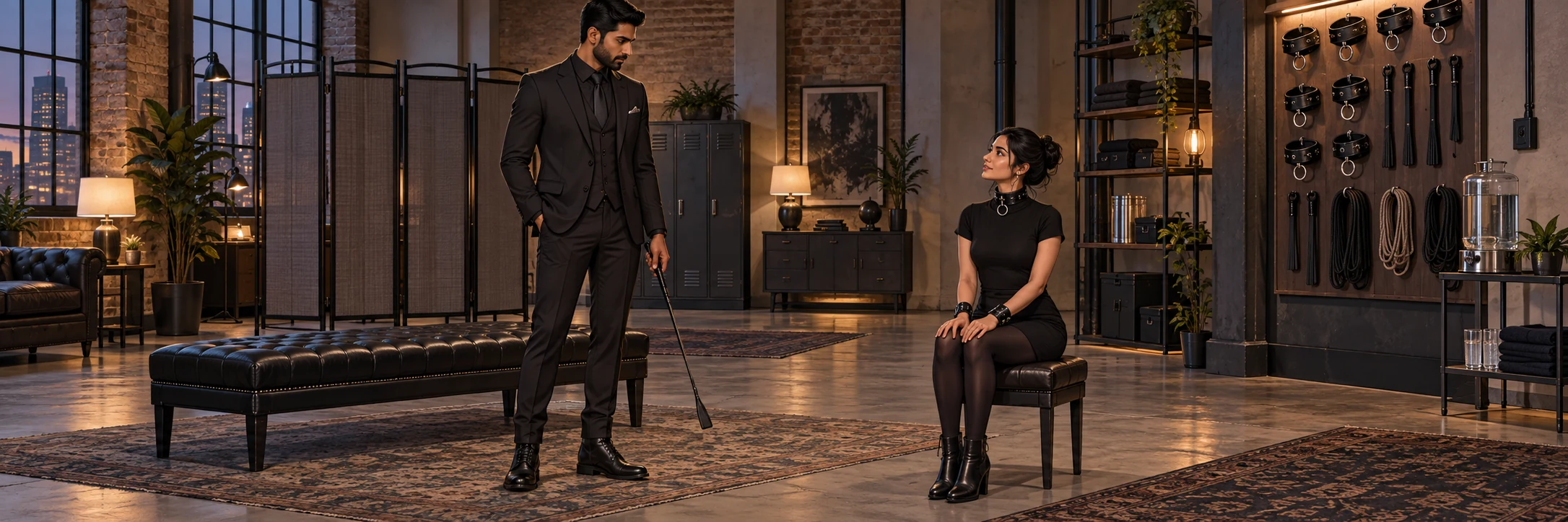 A male Dominant with a lowered crop faces his collared, cuffed submissive seated formally in a private dungeon.