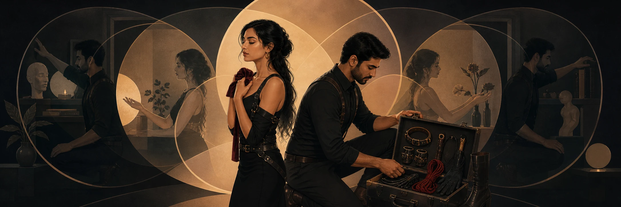 A highly evocative scene; an Indian person with their eyes closed, a subtle leather blindfold in hand, unlocking their mind.