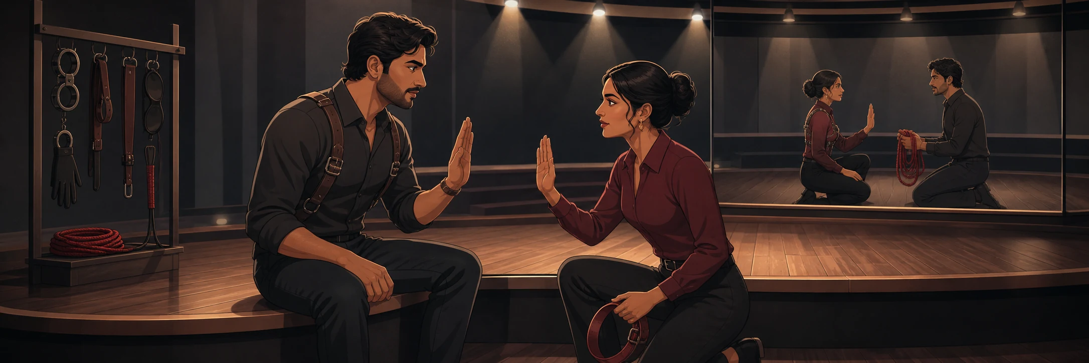 An Indian couple in a highly suggestive scene, one wearing a tight leather collar, leaning in close for intense communication.