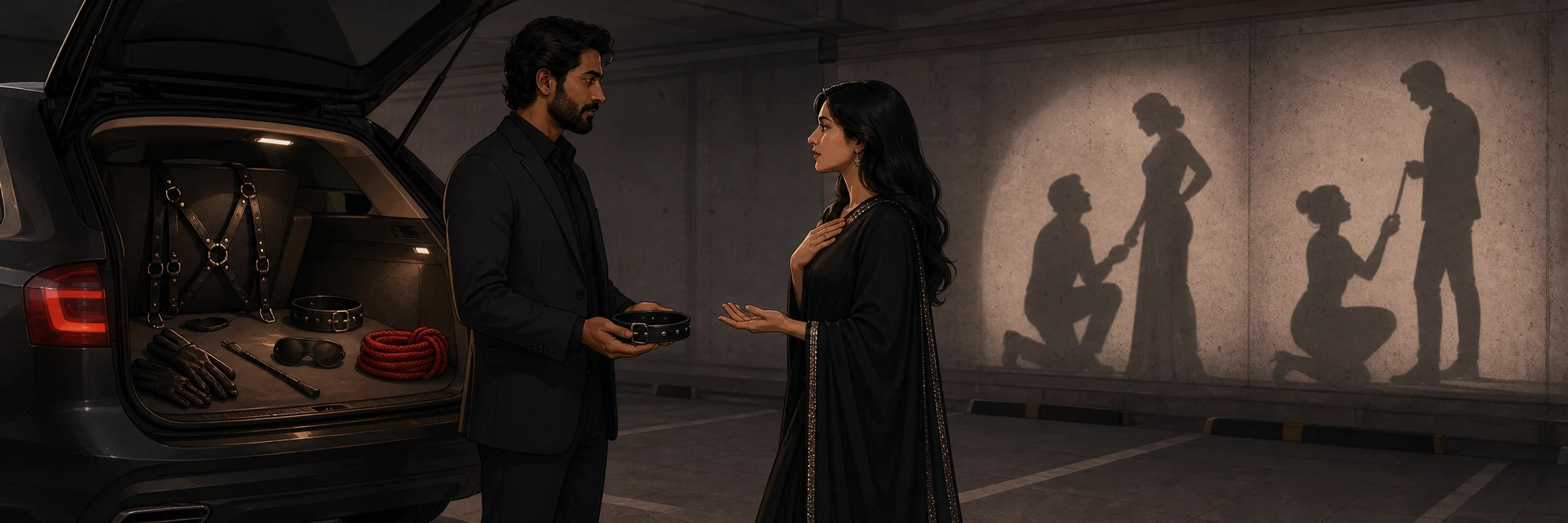 A couple having a deep conversation; one is wearing a subtle leather choker, indicating their desires.