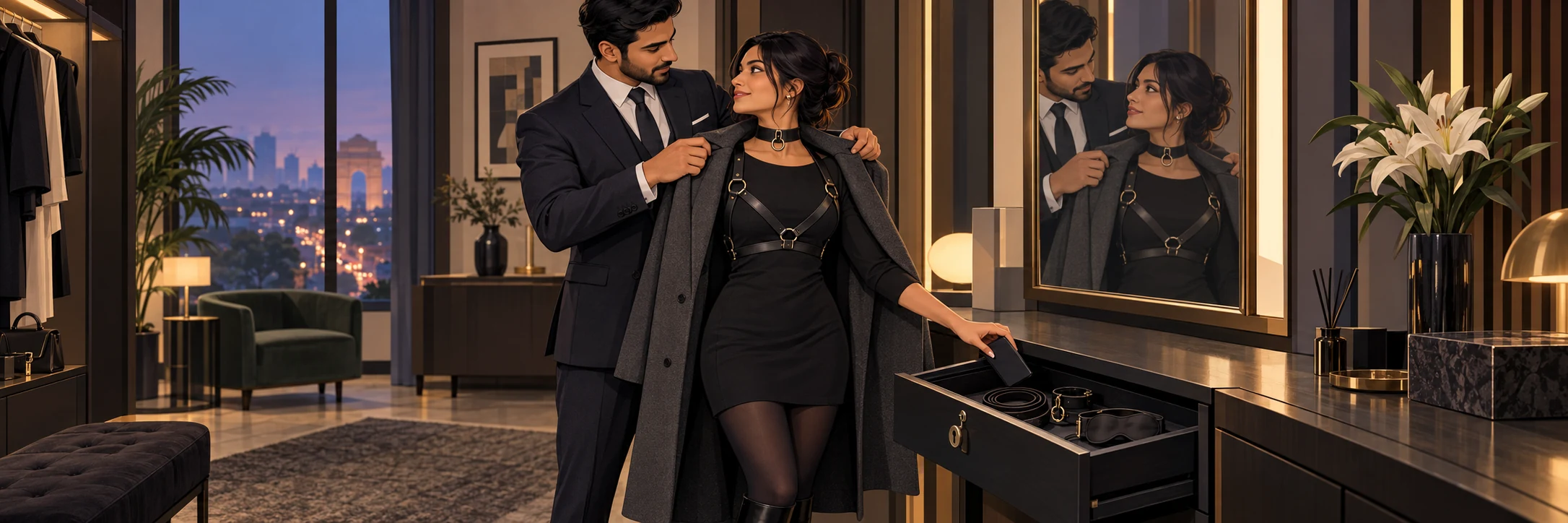 A male Dominant covers his submissive’s visible harness with a city coat as she secures her phone.