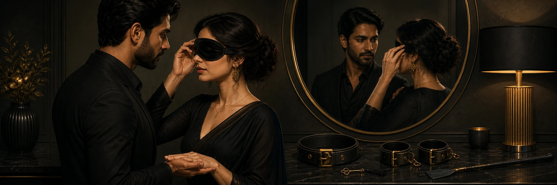 A highly suggestive scene of trust; a person leaning back blindfolded, completely surrendered.