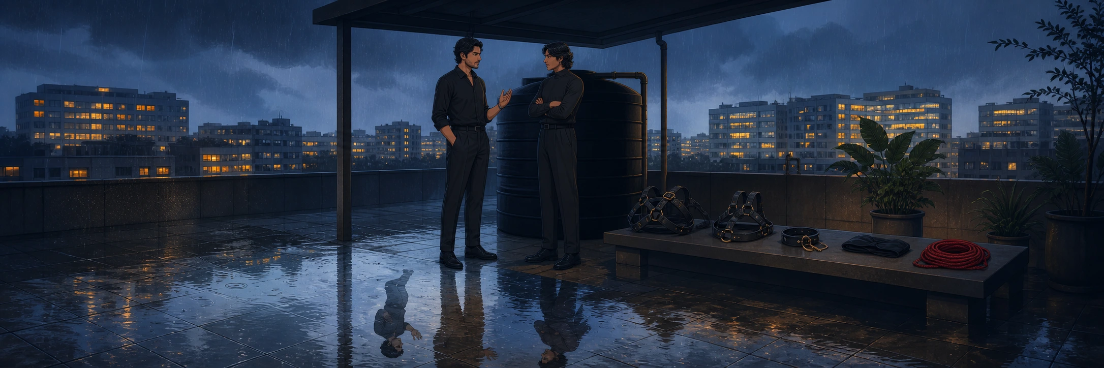 Two young Bengaluru professionals sheltering under a terrace awning during evening rain, silhouetted against distant tech-park lights, standing as equals.