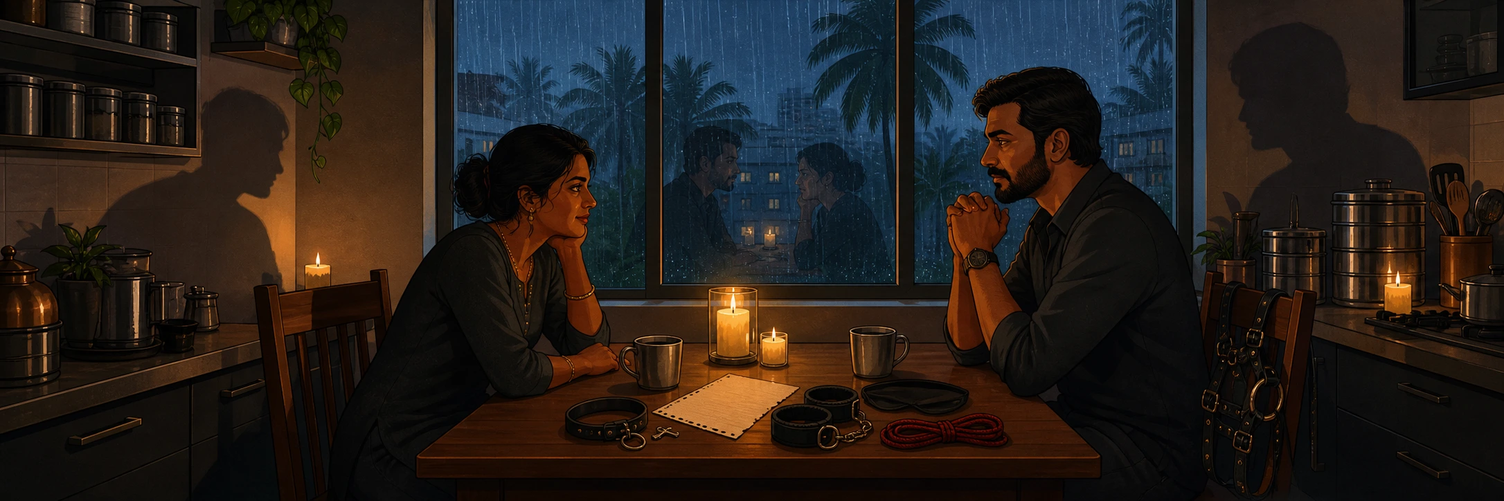 A married couple at a kitchen table beside a rain-streaked window during a Kochi monsoon, two mugs and a handwritten page between them.