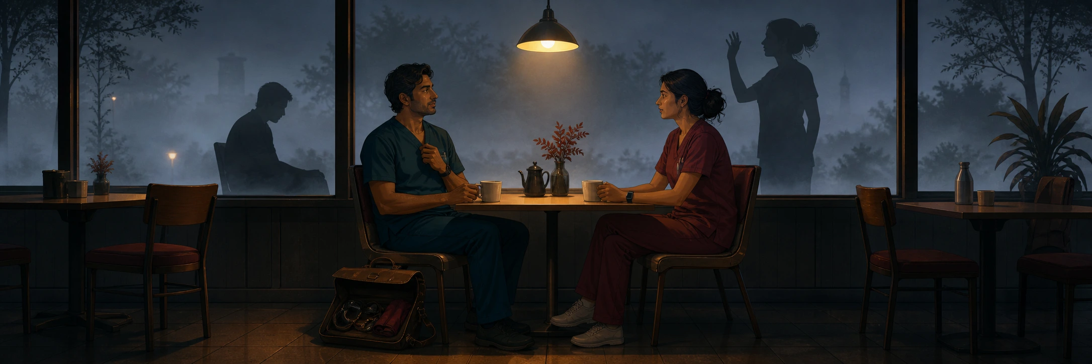 Two adult healthcare workers sitting with tea at a respectful distance in a quiet hospital cafeteria before dawn in Ranchi.
