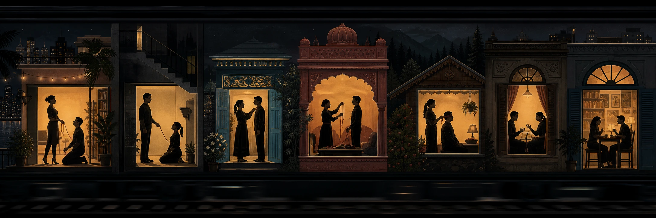 A softly lit row of windows across an Indian night skyline, each holding a different quiet, private moment, like chapters of an anthology.