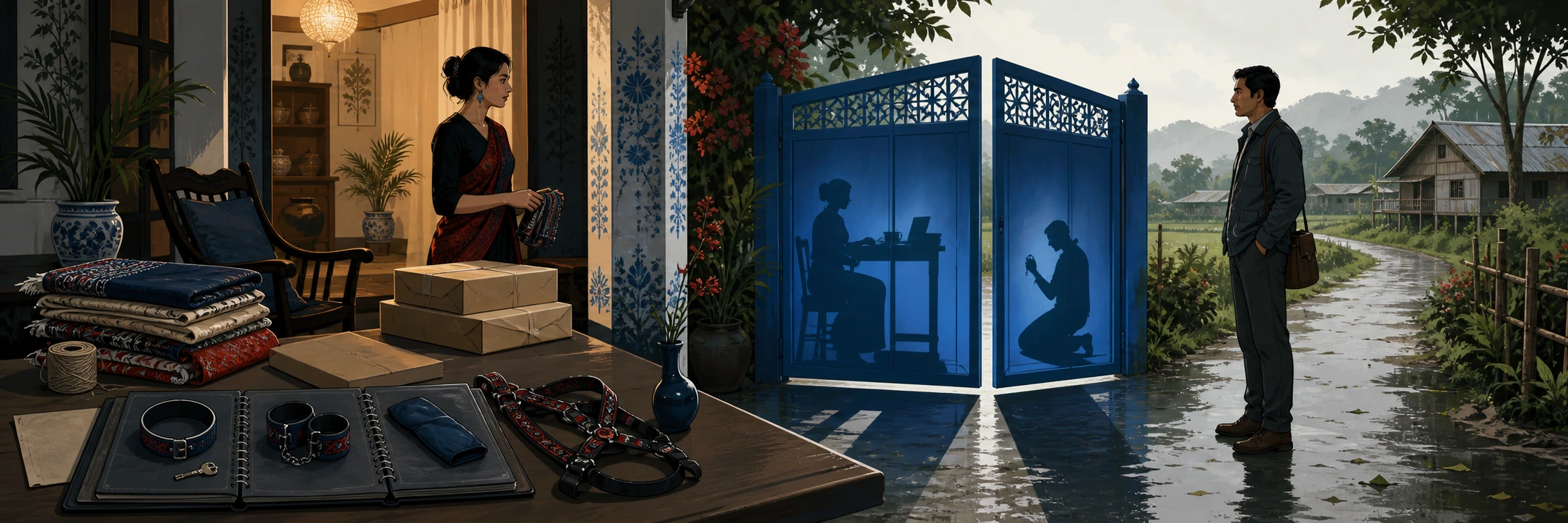 A cobalt-blue gate outside an Assam family home with a packing table of parcels and textiles visible behind it, lush monsoon greenery, two distant figures in conversation.