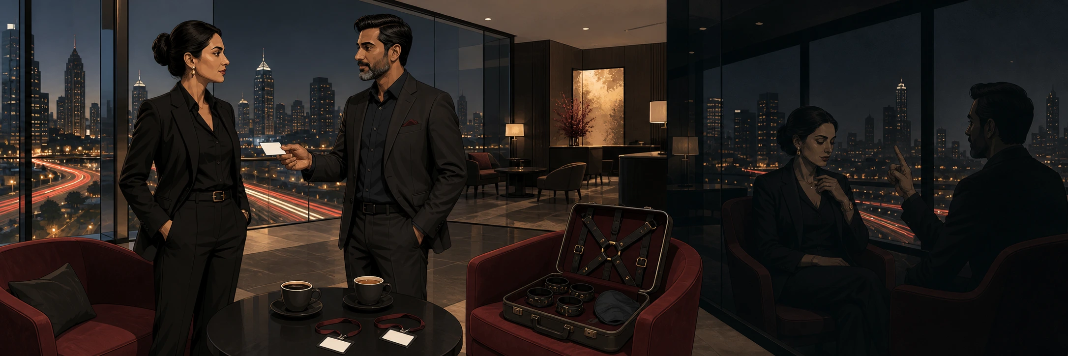 A modern Hyderabad tech-conference lobby at evening with city lights through glass and two distant figures in conversation near a coffee counter.