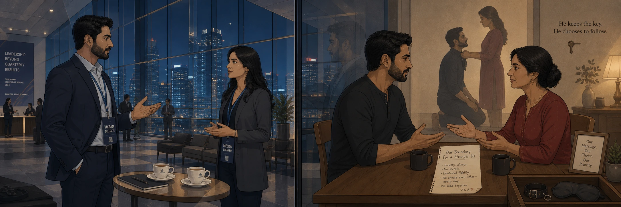 Two distant professionals in respectful conversation in a Gurugram hotel lounge at night, city lights through floor-to-ceiling glass.