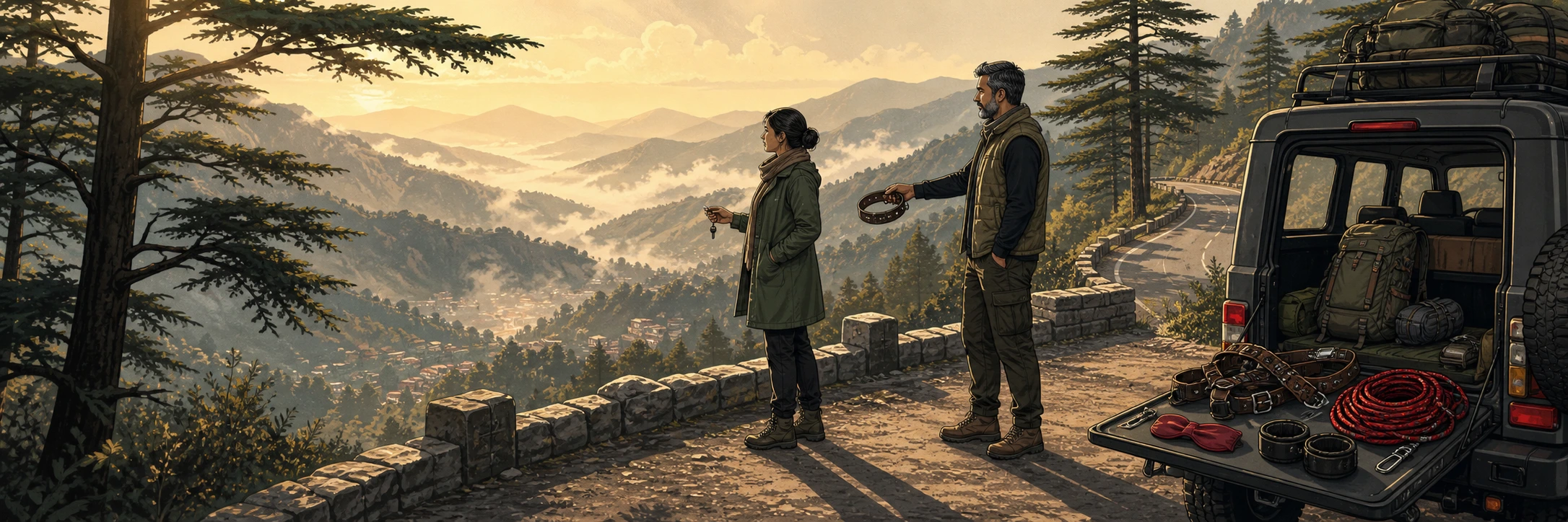 A misty foothill road above Rajpur, Dehradun, with two distant figures near a parked jeep looking out over the valley.