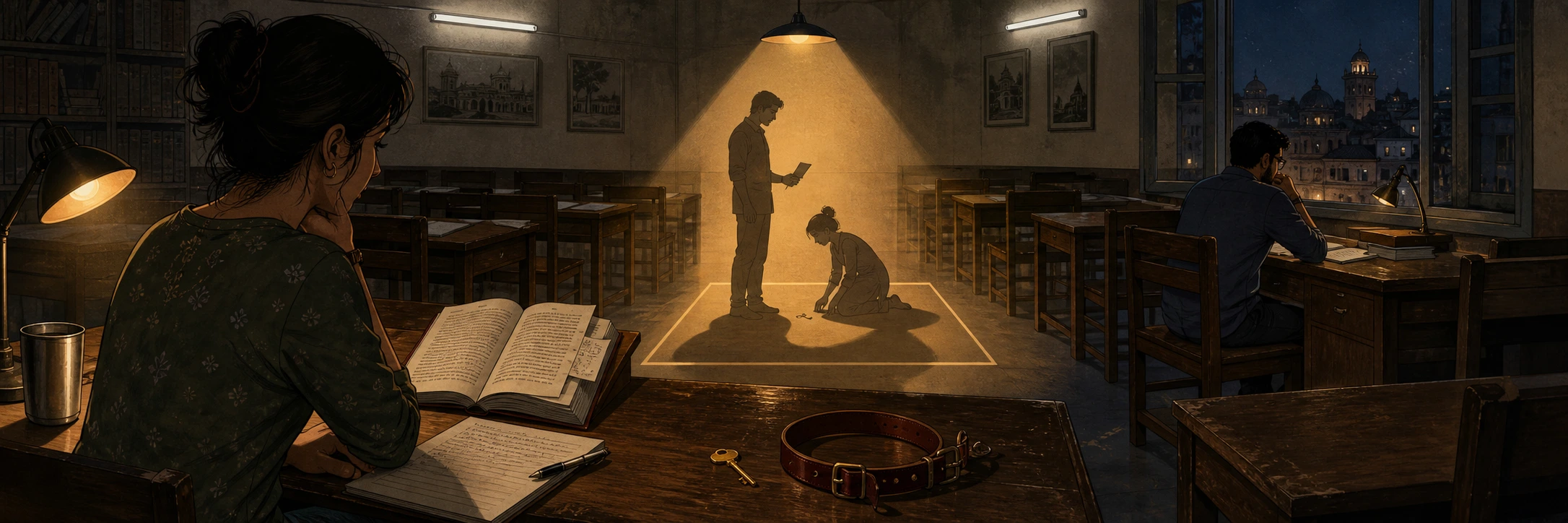A quiet Lucknow reading room at night, an open notebook and worn paperback lit by a table lamp between two study spaces.